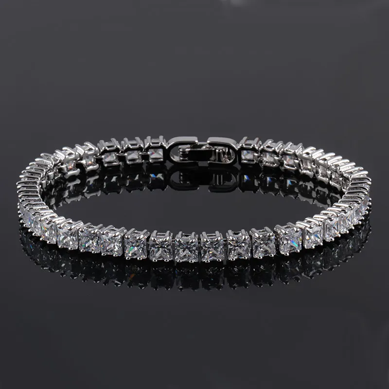 Alta Qualidade Clássico Quadrado 4mm CZ Pulseiras de Tênis para a Mulher Cor Prata Corte Princesa Jóias de Casamento Melhor Presente de Natal Bijoux