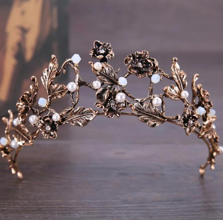 Fleur en bronze, ornements de couronne en forme de diamant, perle en alliage, magnifique couvre-chef de mariée.