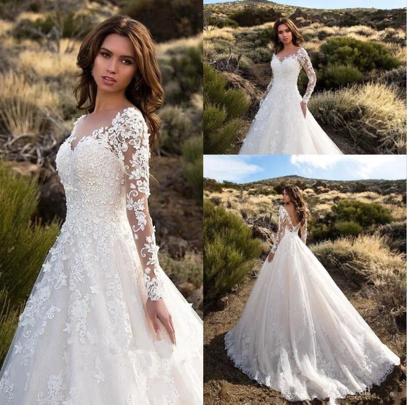 Abiti da sposa classici con scollo a V sexy con scollo a V e linea trasparente con applicazioni di pizzo a maniche lunghe, abiti da sposa classici