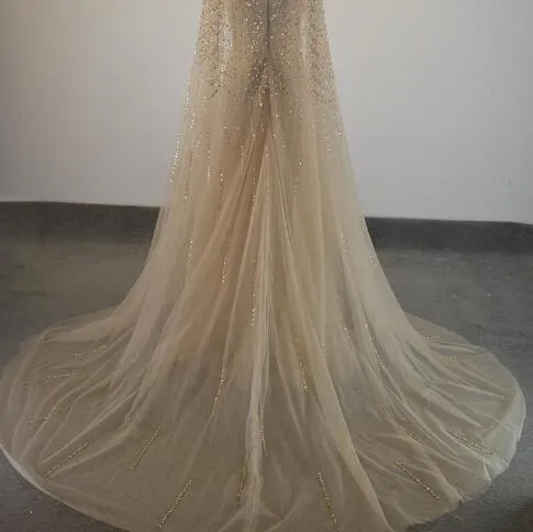 Evening Dresses Champagne Tulle Cape Ruffles Real Photo Show Long Sheer Prom Party Gowns Evening Wear Dress