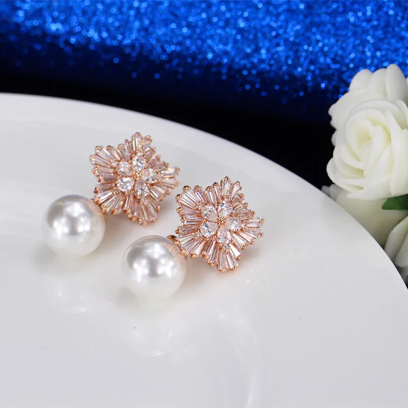 DJMACC Top Quality Pearl Earring Not Allergic 925 Silver Needle Luxury Snowflake Zircon Wedding Stud Earring For WomenDJ0174