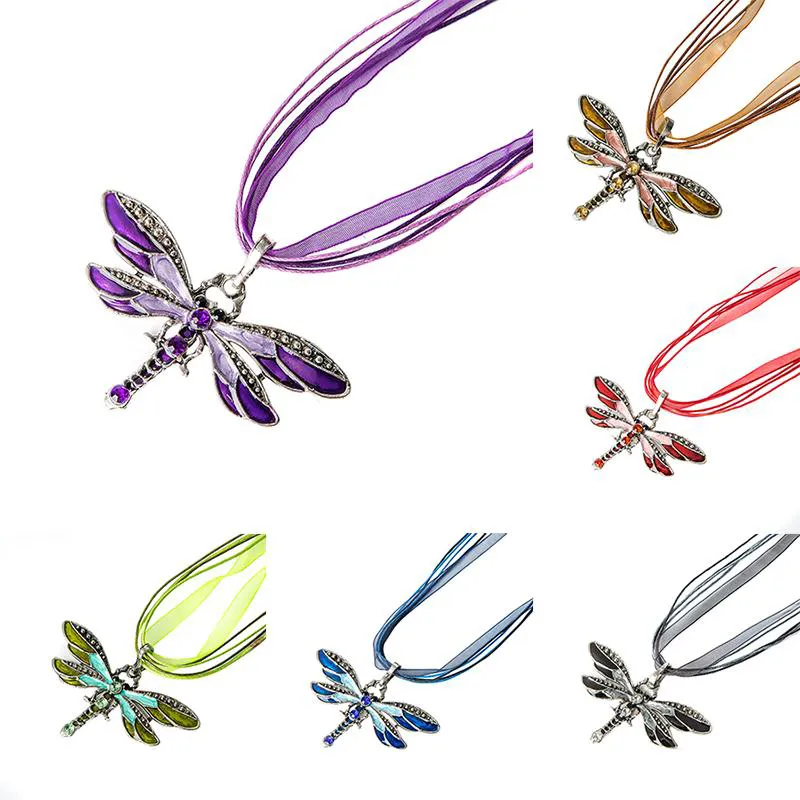 Ny emalj kristall dragonfly hänge djur charm halsband organza sträng tröja kedja halsband för kvinnor mode smycken