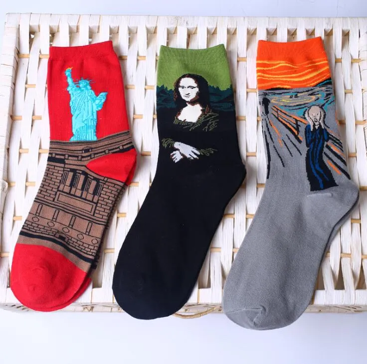 Nouveauté célèbre peinture à l'huile Art chaussettes femmes hommes rue Graffiti Van Gogh Mona Lisa longue chaussette été automne coton chaussettes hiphop chaussettes