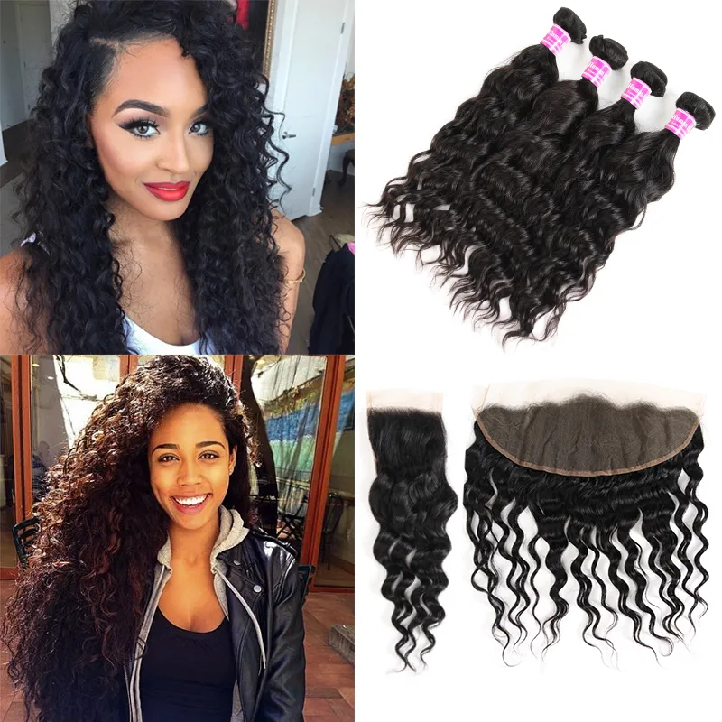 Raw Indian Malaysian Peruvian Water Wave Human Hair Vendors Remy Weave Bundles With Lace Frontal Closure Black Color Hair Extensions Wefts