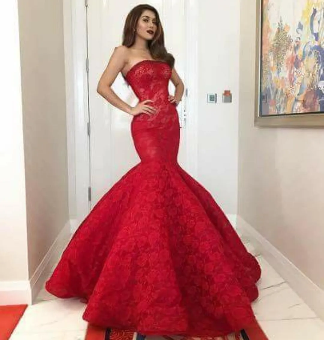 Fabulous Arabia Mermaid Prom Dresses Charming Strapless Zipper Floor Length Red Lace Party Dresses Sexy Long Formal Dress Evening Gowns