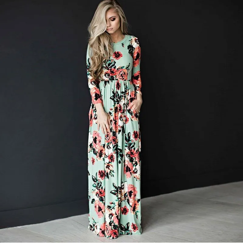 Women Sexy Long Sleeve Summer Fashion Style Long Party Dress Leisure Female Floral Print Dress Ladies Maxi Dress