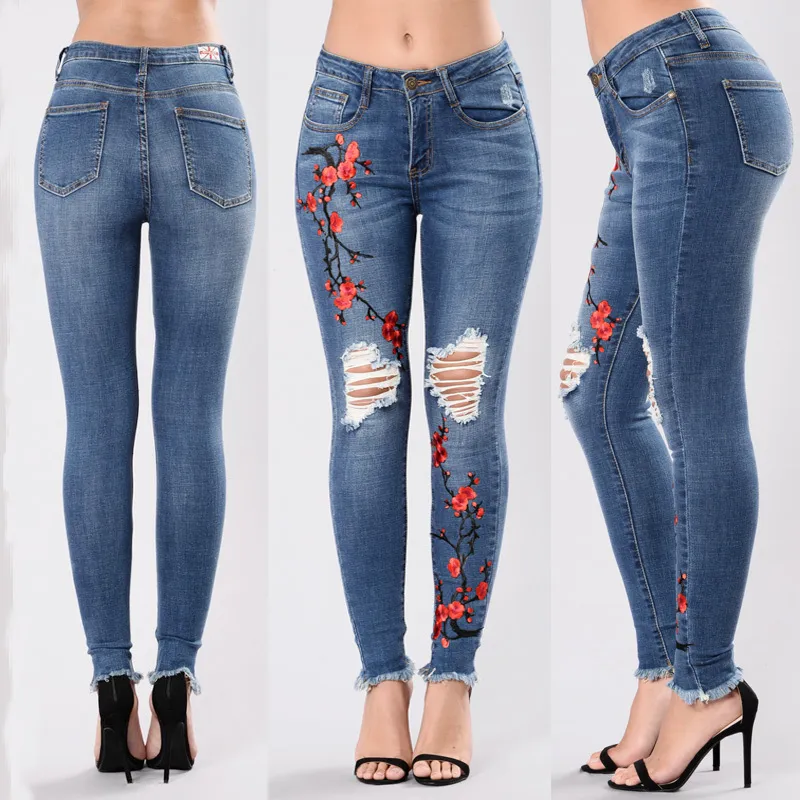 2018 New Fashion Solid Hollow Out Print Jeans Woman Plus Size High Waist Skinny Push Up Blue Pencil Overalls For Women Jeans S18101604