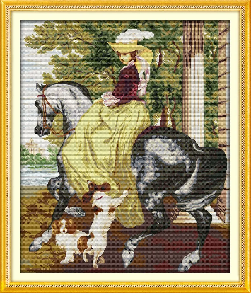 The lady on the horse girl dog decor paintings , Handmade Cross Stitch Embroidery Needlework sets counted print on canvas DMC 14CT /11CT