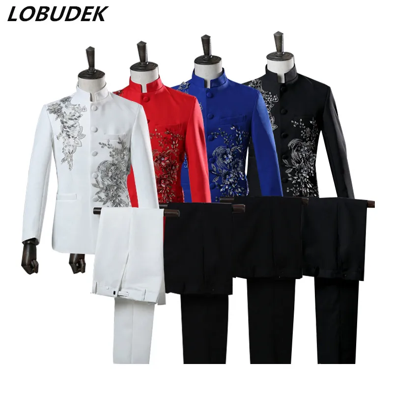 Male Chinese Tunic Suit Applique Sequins Crystals Blazers Black White Stand Collar Men's Suits Choral Dress Wedding Host Singer Chorus Dress