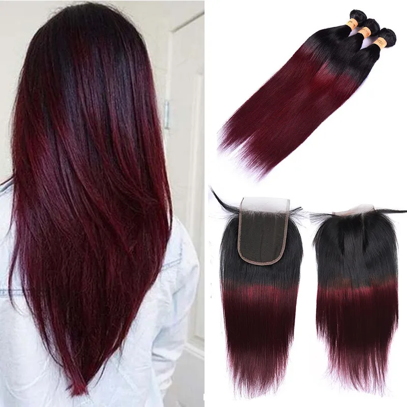 Braziliaanse Ombre Bordeaux Menselijk Haar Bundels Met Sluiting Gekleurde 1B/99J Braziliaanse Straight Virgin Hair Weave Extensions Met vetersluiting