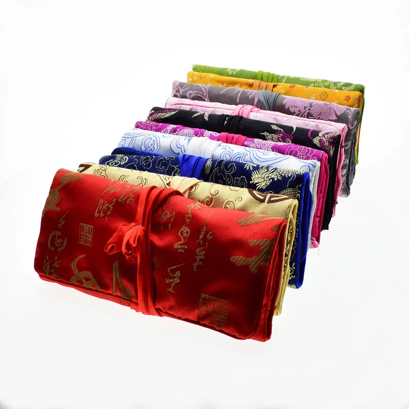 Luxury Silk Brocade Smycken Travel Roll Bag Floral Drawstring Kosmetisk lagringsäck Stor dragkedja Fällbara Kvinnor Makeup Bag 50pcs / Lot