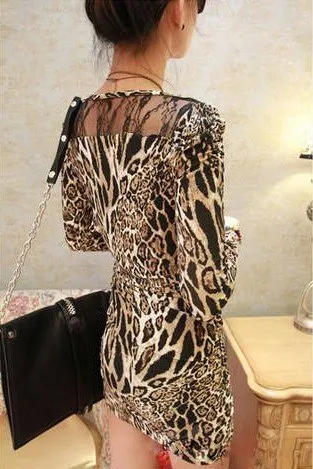 Women's Sexy Long Sleeve Tops Mini Dress Lady's Leopard Lace Patchwork Short Dress