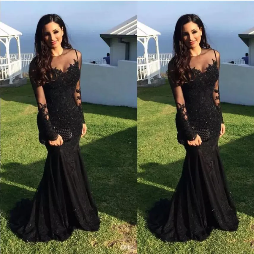 Noir Appliques Sheer Robe De Bal De Soirée Maxi Robes Plus La Taille De Haute Qualité Longue Robe De Célébrité Formelle Vestidos Élégant Robe À Manches Longues