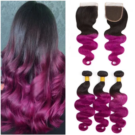 Virgin Braziliaanse # 1B/Paars Ombre Human Hair Weave Bundels met Sluiting Paars Ombre Human Hair 3 bundel Deals met Vetersluiting 4x4