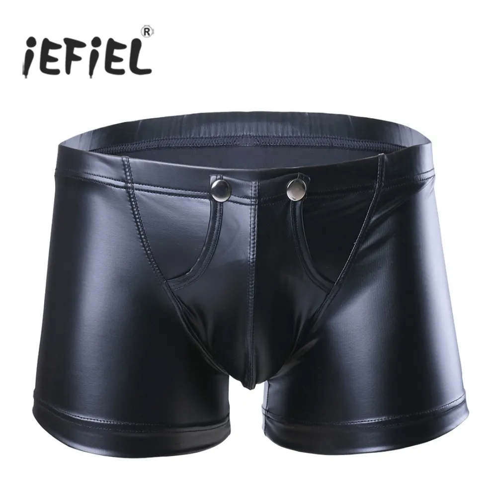 IEFIEL Delikli Open Kılıfı Seksi Erkekler Faux Deri Boxer Şort Iç Çamaşırı Külot Bulge Arttırıcı Eşcinsel Man Jockstraps Külot