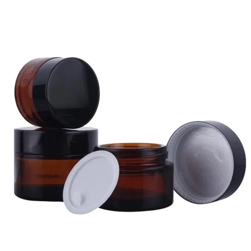 30g Glass Amber Facial Cream Jar 30ml Cosmetic Sample Container Emulsion Refillable Pot Black Lid LX1254