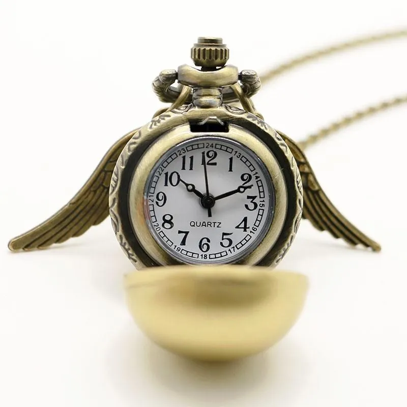 Wholesale- Lady Golden Wing Pendant Harry Golden Potter Little Snitch Antique Pocket Watch Necklace Girl Women Gift Quartz Watches Chain