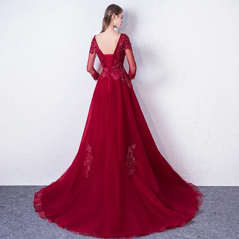 Великолепные вечерние платья Темно-красный три четверти рукава на молнии на молнии