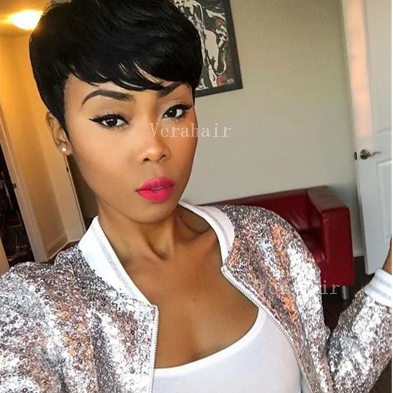 Mänskliga hår korta peruker Gluvlös Pixie Cut Peruvian Mycket ingen Lace Front Wig för Black Women Full Machine Made Wig