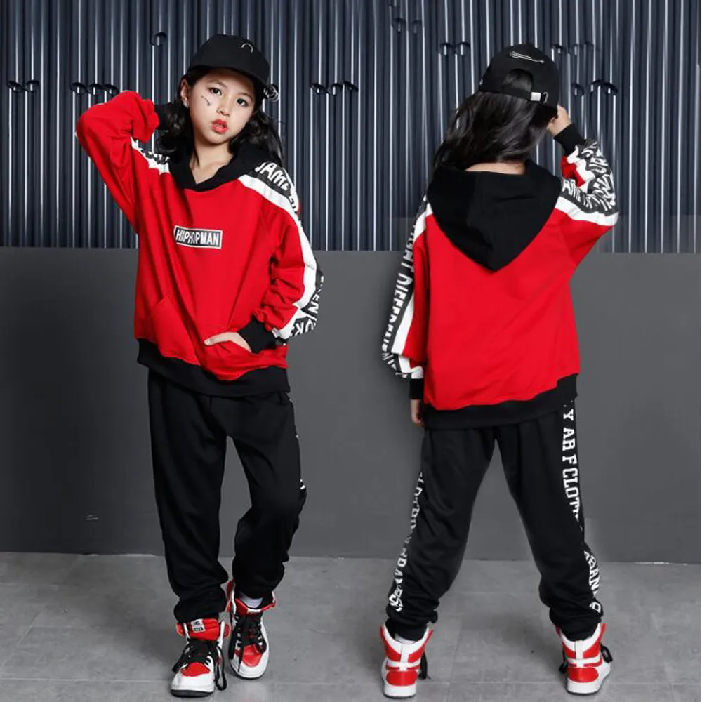 Red Girls Ballroom Jazz Hip Hop Dance Performance Costumes Hoodie Shirt Tops Pants Kids Boys Dancing Clothing Outfits Stage Wear