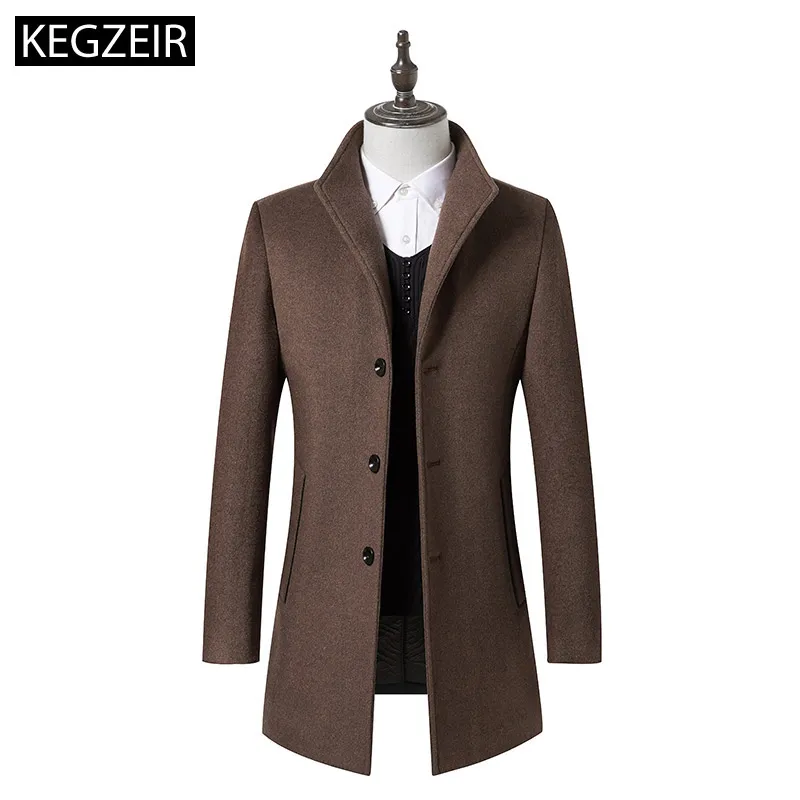 Kegzeir Koreański styl zimowy płaszcz Mężczyźni Casual Ciepły Gruby Płaszcz Wełniany Mężczyźni Moda Slim Long Mens Woolen Kurtka Manteau Homme