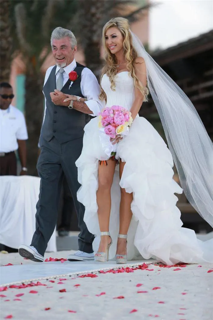 Sexy Haut Bas Plage Robes De Mariée D'été Décolleté En Coeur Ivoire À Volants Organza Court Avant Long Dos Corset Robes De Mariée