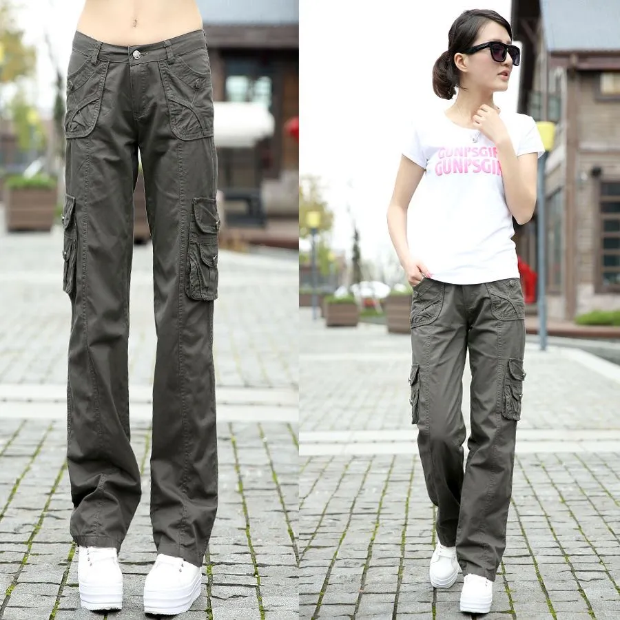 Wholesale Military 100% Cotton Cargo Pants with Pockets Women Loose  Camouflage Straight Trousers Females Summer Casual Baggy Sweatpants Ladies  Black