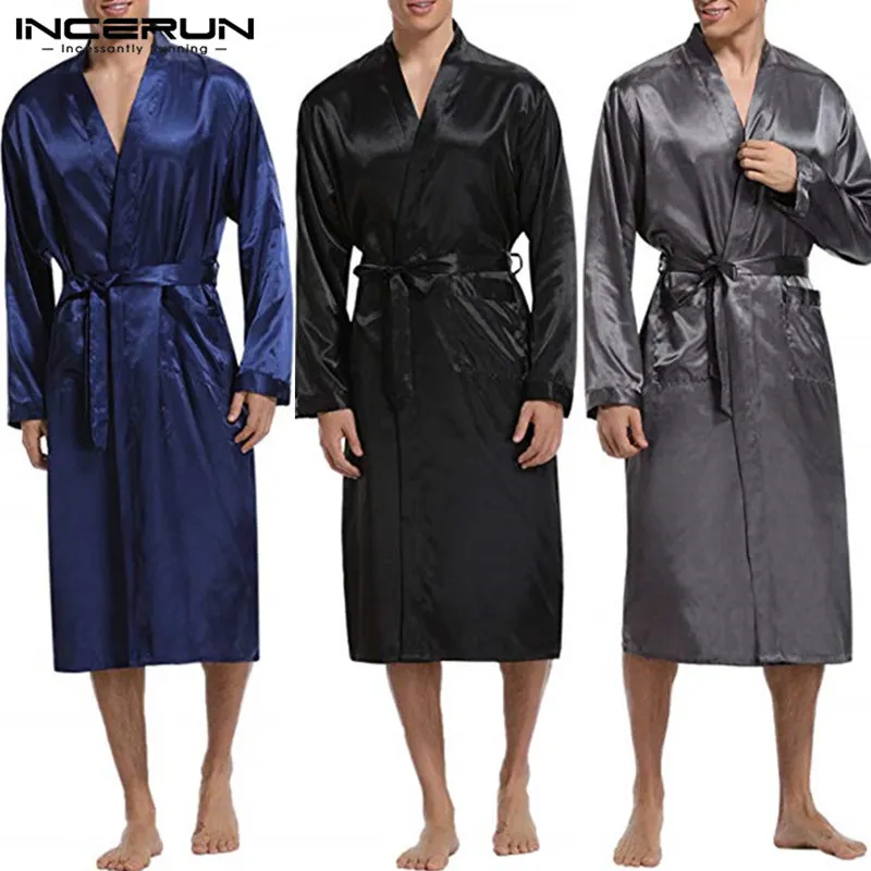 Mode Silk Satin Mens Sleepwear Robe Långärmad Höst Långt badrock Lightwear Avtagbara Bältfickor Klänning Pajamas