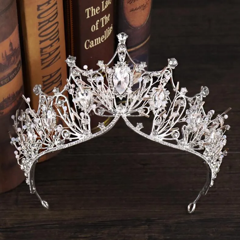 Hoge kwaliteit prachtige sprankelende zilveren bruiloft diamante pageant tiaras haarband crystal bruids kronen voor bruiden hoofddeksel zilver HTJ099