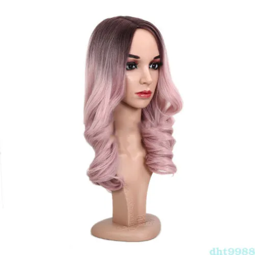 Long Ombre Pink Wig Wave Curly Cosplay Wigs Women Heat Resistant Synthetic Hair