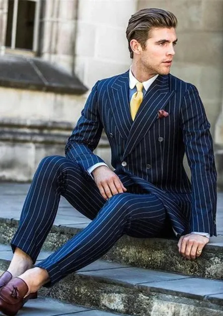 Navy Blue Stripe Slim Fit Striped Suit Men For Groom Prom Party