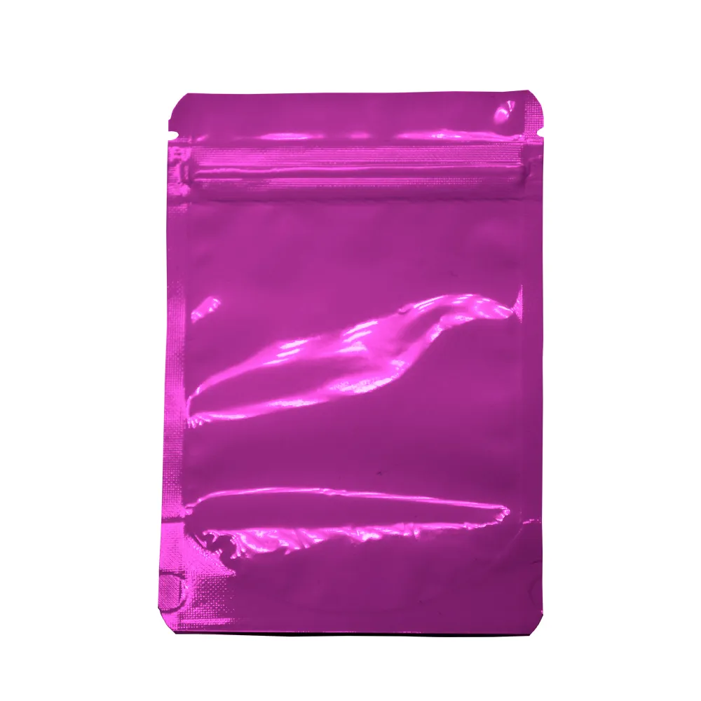 Vendita al dettaglio viola brillante Stand Up Zipper Zip Lock Bag 8.5 * 13cm Doypack Foglio di alluminio lucido Alimenti tè essiccati Borsa campioni 100 pz / lotto