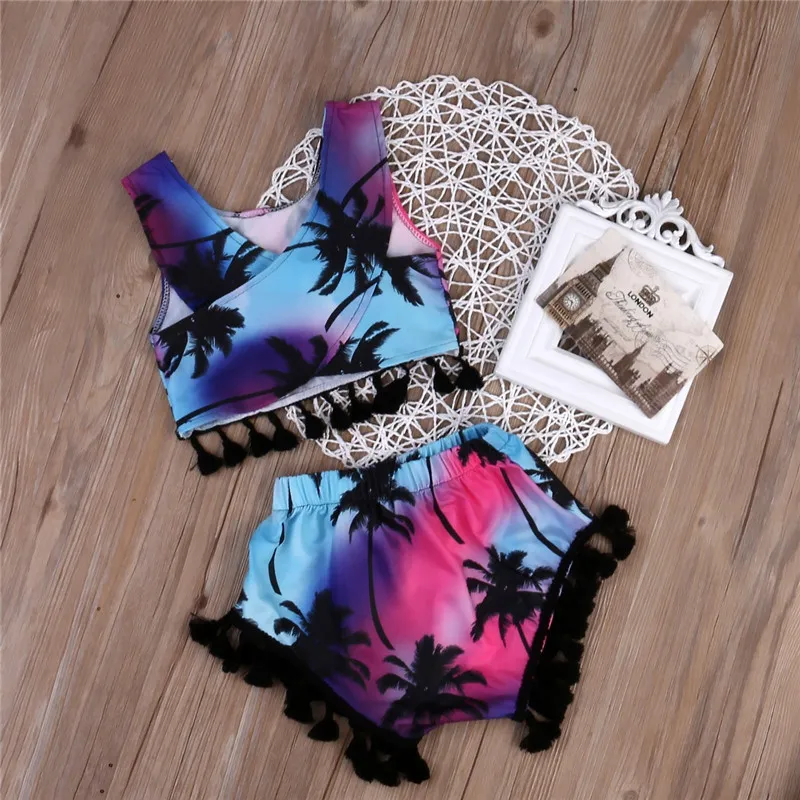 Kids Clothing Summer Toddler Girls Clothing Tassel Coconut Tree Vest Crop Tops Shorts Set Baby Girl Clothes Outfits Beachwear 1-5T