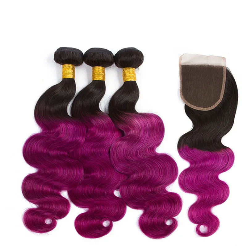 Bundles de tissage de cheveux humains vierges brésiliens # 1B / Purple Ombre avec fermeture Purple Ombre Human Hair 3 offres groupées avec fermeture à lacet 4x4