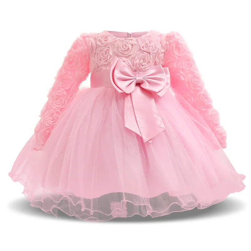 Neonate Autunno Inverno Fiore Ricamo Abito Piccola principessa Abbigliamento a maniche lunghe Abiti da battesimo per bambini Vestidos Infantil