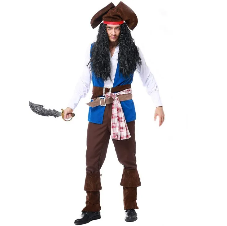 Costume da pirata cosplay Costume da pirata blu da uomo Costume da capitano pirata Costume da gioco per uomo di Halloween 2017 prodotti più venduti