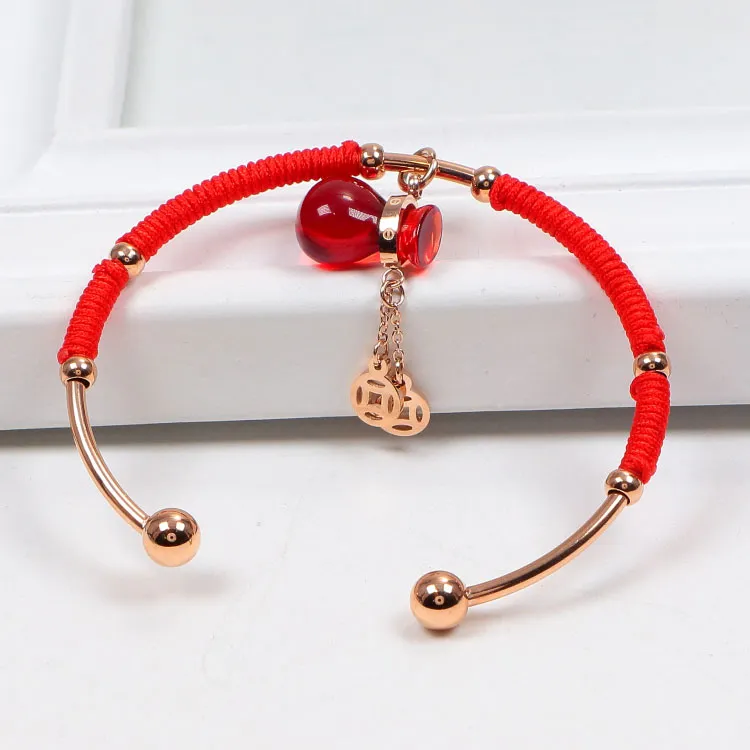 316L rostfritt stål armband armband för kvinnor röd rep kinesisk stil kalebass flaska rosguld 18 kgp öppen armband298v