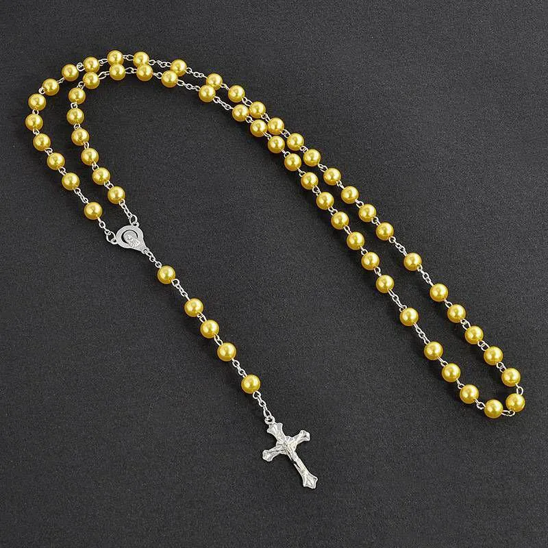 女性男性のための銀メッキクロス十字架ペンダントネックレス模造真珠のロザリオビーズチェーンネックレス