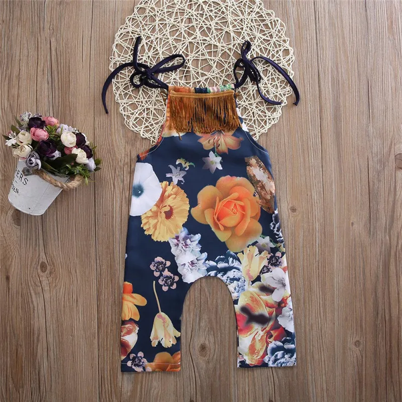 Baby flicka kläder sommar nyfödda spädbarn kläder blommig tofs jumpsuit outfits romper playsuit barn boutique kläder baby onesies