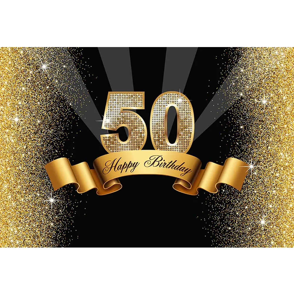 Happy 50th Birthday Backdrop Vinyl Printed Gold Ribbon Confetti Pieces Glitters Customized Party Theme Photo Booth Background