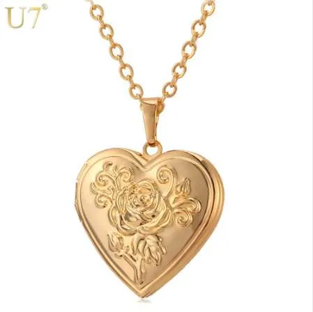 U7 Photo Frame Memory Locket Pendant Necklace Silver/Gold Color Romantic Love Heart Vintage Rose Flower Jewelry Women Gift P326