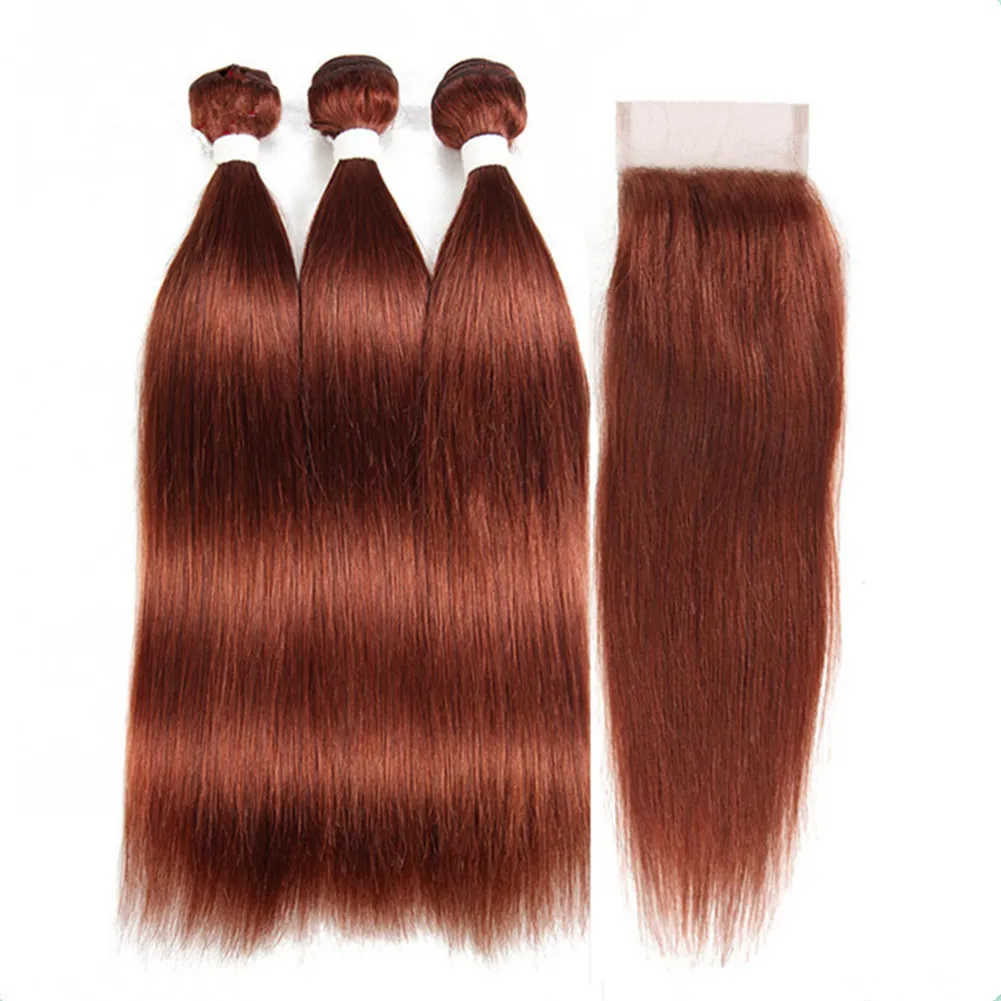 Malaysian Dark Auburn Human Hair Bundles with Lace Closure 4x4 Silky Straight Copper Red Virgin Hair Weaves Extensions with Top Closure