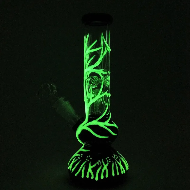 Glow In The Dark Bong Narghilè Bicchiere di vetro fluorescente Base Bong Oil Dab Rigs Bellissimo modello UV Dab Rig Tubo dritto Tubo dell'acqua GID01-GID04 4 Arms Tree Perc