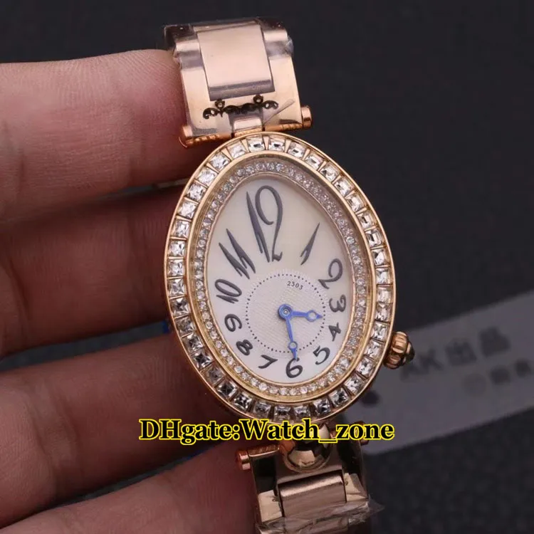 Regalo di San Valentino Reine De Naples 2303 Quadrante con conchiglia bianca Orologio da donna con lunetta di diamanti al quarzo Bracciale in acciaio inossidabile Nuovi orologi da donna