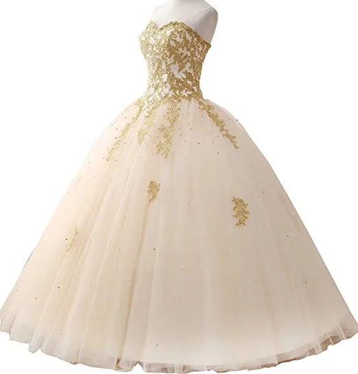 2018 Nouvelle Robe De Bal Appliques D'or Quinceanera Robe Sparkle Cristal Tulle Longueur Au Sol Douce 16 Robe Débutante 15 Ans Robes De Bal 312H