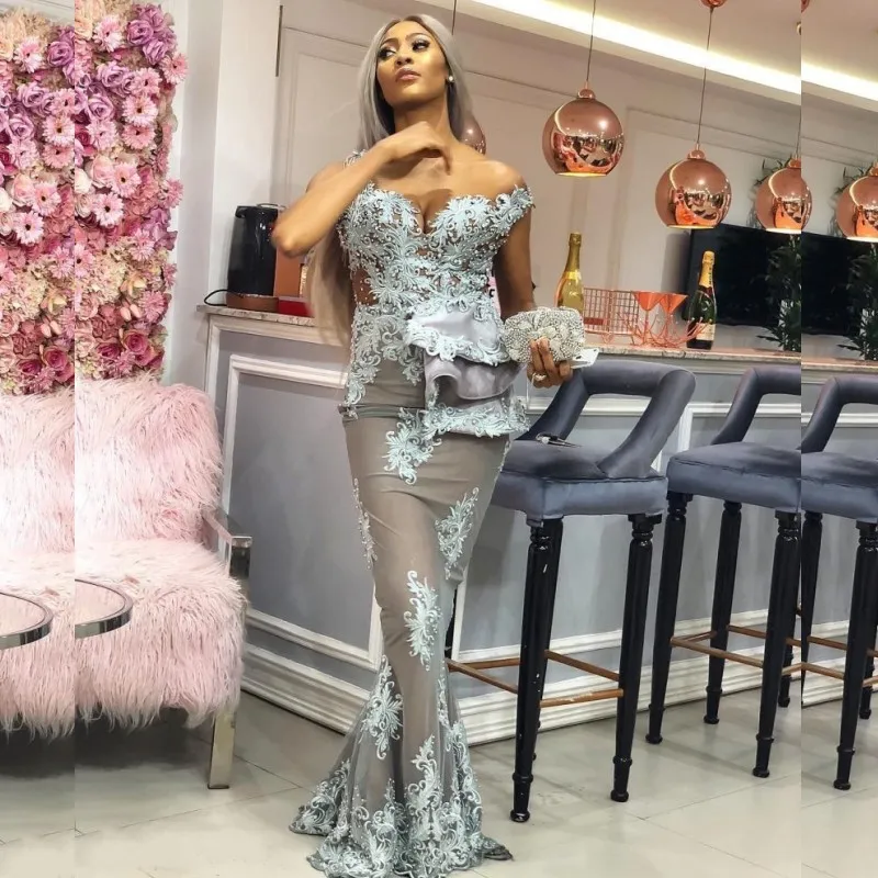 Sexy Asoebi Meerjungfrau-Abschlussballkleider, modisch, schulterfrei, Perlen, Spitze, Applikationen, lange Partykleider, Übergröße, Dubai, Promi-Abendkleider