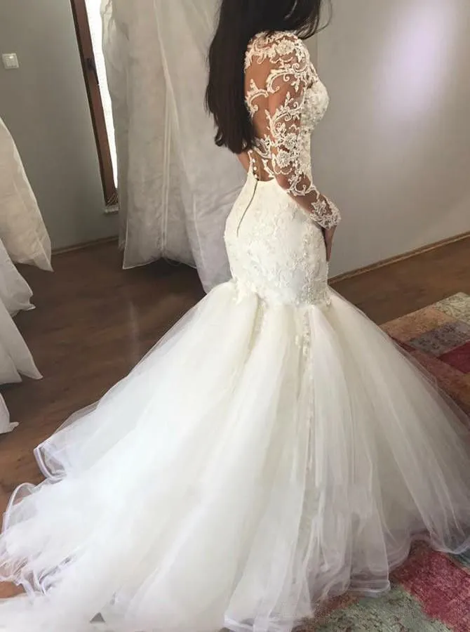 Long Sleeves V Nek Applique Mermaid Sexy Wedding Dresses 2018 Tulle Custom Made Covered Button Vintage Wedding Gowns