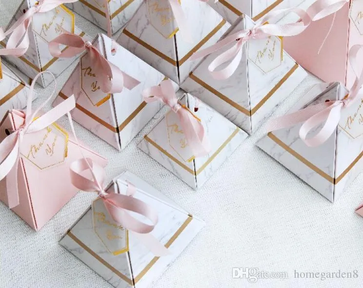 50pcs New Creative Triangular Pyramid Marble style Candy Box Wedding Favors Party Supplies thanks Gift Chocolate Box
