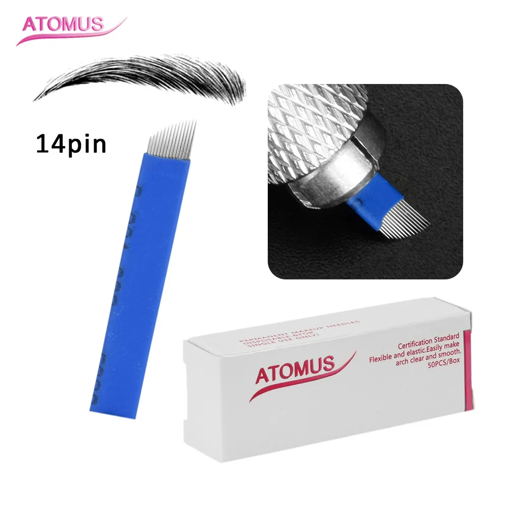 50 pcs Blue 14 Pin 0.25mm Permanent Makeup Manual Eyebrow Tattoo Needles Blade for 3D Embroidery Microblading Tattoo Pen Machine