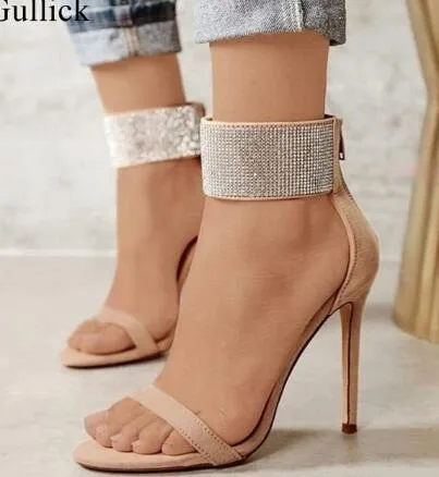 Sexy Bling Bling Crystal Embellished Ankle Strap Sandals High Heel Cut-out Back Zipper Cage Shoes Women Thin Heel Summer Sandal